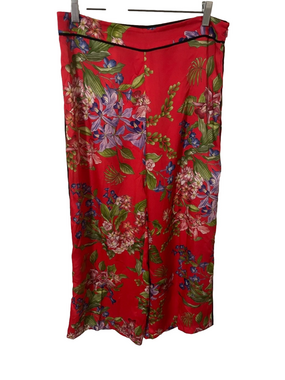 Liu Jo Red Wide-Leg Floral Pants with Green & Purple Accents Size 42